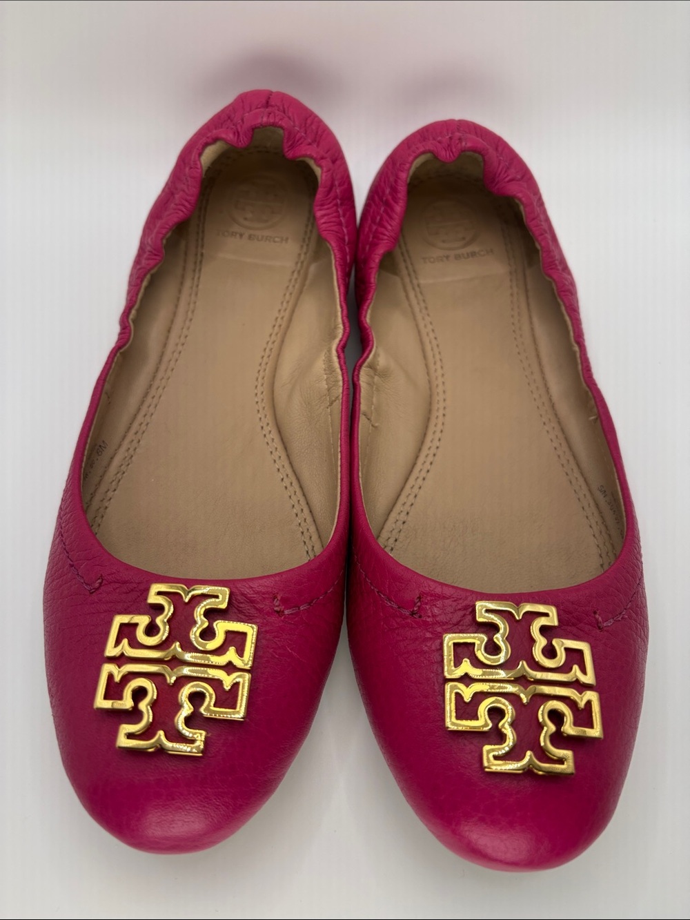 Tory Burch Hot Pink Leather Logo Ballet Flats with Gold Emblem